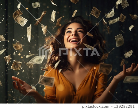 Woman in yellow shirt throwing money Woman in yellow shirt throwing money 129282291