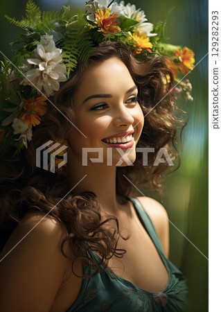 Woman adorned with spring flowers enjoys a sunny day in a lush green garden, radiating joy and tranquility Woman adorned with spring flowers enjoys a sunny day in a lush green garden, radiating joy and tranquility 129282293