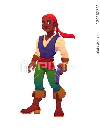 Cartoon pirate corsair character standing with a pistol in hand. Vector black African American sea buccaneer personage in green pants, blue vest, red sash, and red bandana and confident expression Cartoon pirate corsair character standing with a pistol in hand. Vector black African American sea buccaneer personage in green pants, blue vest, red sash, and red bandana and confident expression 129282295