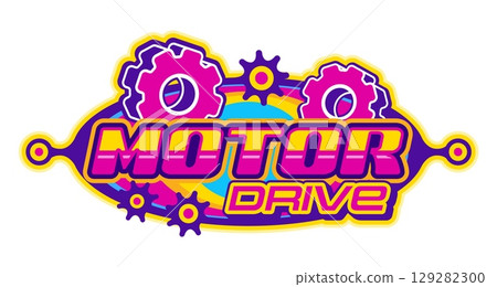 Car race, motor drive retro Y2K icon or sign. Rally motorsport Y2K vector symbol, drag race grand prix emblem. Formula 1 championship Y2K icon with gear cog wheels and vintage colorful typography 129282300