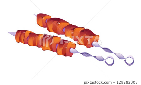 Cartoon grilled meat skewers with juicy roasted pieces on twisted metal sticks. Tasty barbecue dish, kebabs on white background. Vector cooking process, cook food for bbq and outdoor picnic party 129282305