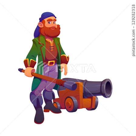 Cartoon pirate gunner ship crew character, cheerful bearded corsair standing near the cannon on a wooden carriage and holding a pusher for cannonballs. Isolated vector swashbuckler ready for battle Cartoon pirate gunner ship crew character, cheerful bearded corsair standing near the cannon on a wooden carriage and holding a pusher for cannonballs. Isolated vector swashbuckler ready for battle 129282318