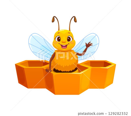 Cartoon honey bee character peaking from hexagonal honeycomb cell. Vector cute apiary insect personage. Funny beekeeping mascot with smiling face, waving hand, surrounded by yellow honey cells 129282332
