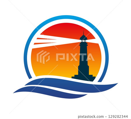Lighthouse and beacon icon. Vector round emblem with sunset orange sky, beacon silhouette and radiant light beams, encased in a circular background with blue waves below for a coastal, marine identity Lighthouse and beacon icon. Vector round emblem with sunset orange sky, beacon silhouette and radiant light beams, encased in a circular background with blue waves below for a coastal, marine identity 129282344