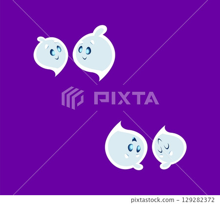 Halloween font quotation mark ghost cartoon character. Halloween spirit character alphabet special symbol, cheerful ghost personage English ABC vector punctuation sign or mark. Font typeset element 129282372