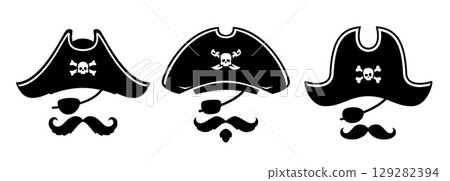Pirate captain hats photo booth masks, vector photo booth props template. Pirate birthday party, carnival or Halloween costume photo booth masks with corsair captain hat, eye patch, mustache and beard 129282394