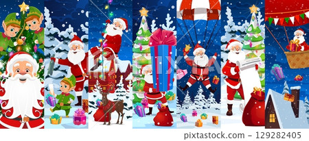 Christmas funny Santa Claus characters collage embodying Xmas holiday spirit. Cartoon vector scenes with father Noel delivering gifts on hot air balloon, parachuting, decorating pine tree with elves Christmas funny Santa Claus characters collage embodying Xmas holiday spirit. Cartoon vector scenes with father Noel delivering gifts on hot air balloon, parachuting, decorating pine tree with elves 129282405