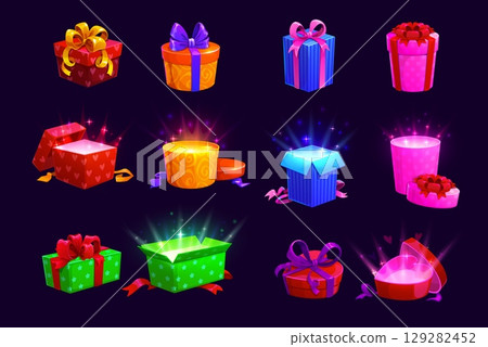 Christmas cartoon magic open gift boxes for game prize or surprise present, vector icons. Giftboxes open with red and golden ribbons with magic shine and sparkles for game prize or gift bonus award 129282452
