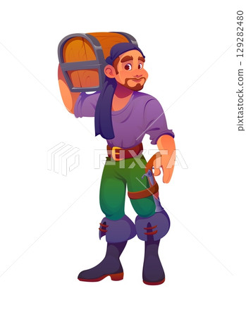 Cartoon pirate ship crew character armed with a gun, carrying treasure chest on shoulder. sailor, skipper, boatswain, captain, corsair or filibuster personage ready to protect his loot in wooden trunk 129282480