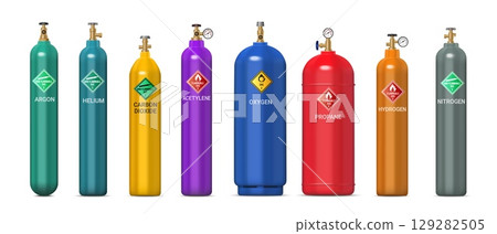 Realistic gas cylinders, tanks and bottles. Vector 3d storage containers with oxygen, nitrogen, propane and helium, hydrogen, acetylene, argon and carbon. Compressed gas cylinders with pressure valves Realistic gas cylinders, tanks and bottles. Vector 3d storage containers with oxygen, nitrogen, propane and helium, hydrogen, acetylene, argon and carbon. Compressed gas cylinders with pressure valves 129282505