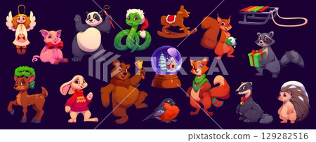 Cartoon Christmas animal characters. Vector festive set of fox, panda, angel, reindeer, rabbit, raccoon, bear and snake. Pig, hedgehog, squirrel with holiday props like sleigh, snow globe and gift 129282516