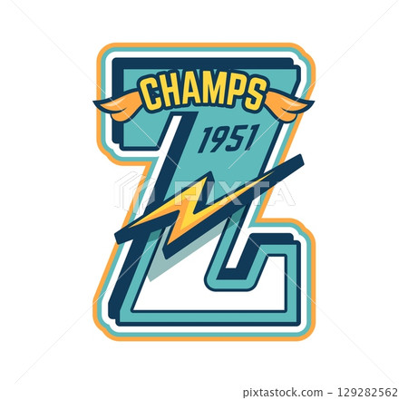 Varsity sport patch with letter z, retro college champs emblem with lightning bolt and year 1951. Vector in vintage style label, athletic badge or t shirt print with sporty, energetic team spirit vibe Varsity sport patch with letter z, retro college champs emblem with lightning bolt and year 1951. Vector in vintage style label, athletic badge or t shirt print with sporty, energetic team spirit vibe 129282562
