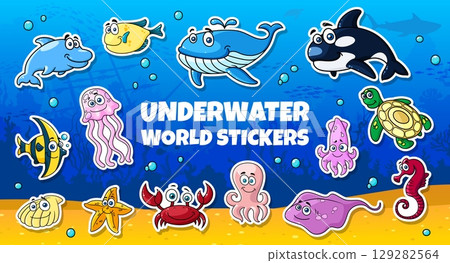 Cartoon sea animal characters stickers pack. Funny dolphin, puffer fish, jellyfish and cute killer whale, turtle, squid vector personages. Seahorse, stingray, octopus and crab sea animals characters 129282564