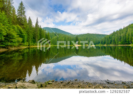 remote mountain landscape with forest lake in summer. travel nature background of synevyr national park on a sunny day. scenic view of coniferous trees reflection in water. vacation season in ukraine remote mountain landscape with forest lake in summer. travel nature background of synevyr national park on a sunny day. scenic view of coniferous trees reflection in water. vacation season in ukraine 129282587