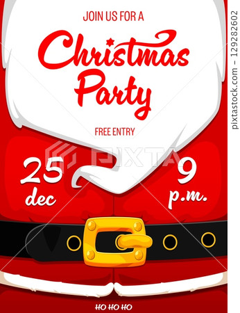 Christmas Santa Claus beard flyer, Xmas holiday poster with red father Noel suit and belt. Vector party invitation template for Merry Christmas and Happy New Year celebration on December 25th 129282602