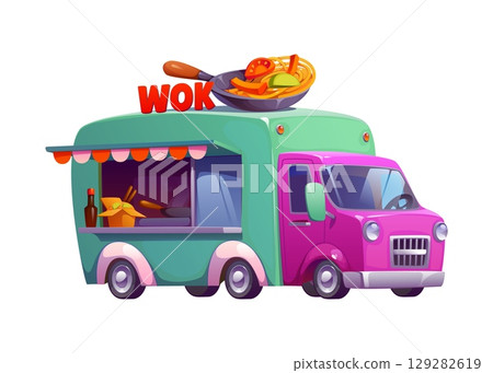 Wok street food truck, vintage festival foodtruck car. Cartoon catering van, mobile booth features giant frying pan with noodles on top. Vector retro cafe represents outdoor takeout Asian cuisine 129282619