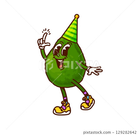 Cartoon groovy mexican avocado character on birthday party. Healthy diet ripe tropical fruit groovy isolated vector cheerful character, happy 60s mascot. Natural avocado cute personage in birthday hat Cartoon groovy mexican avocado character on birthday party. Healthy diet ripe tropical fruit groovy isolated vector cheerful character, happy 60s mascot. Natural avocado cute personage in birthday hat 129282642