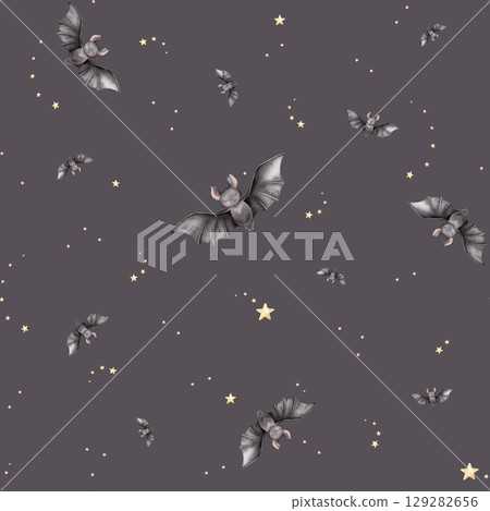 Seamless pattern for Halloween with cute black bat and stars. Hand drawn watercolor illustration. Friendly and charming bat with big eyes, perfect for kids' decorations, children's designs. Seamless pattern for Halloween with cute black bat and stars. Hand drawn watercolor illustration. Friendly and charming bat with big eyes, perfect for kids' decorations, children's designs. 129282656