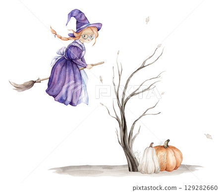 Watercolor illustration Tree without leaves and cute witch in a purple dress and hat, with red hair on a broomstick isolated on white background. Halloween card with autumn leaves and pumpkins. Watercolor illustration Tree without leaves and cute witch in a purple dress and hat, with red hair on a broomstick isolated on white background. Halloween card with autumn leaves and pumpkins. 129282660