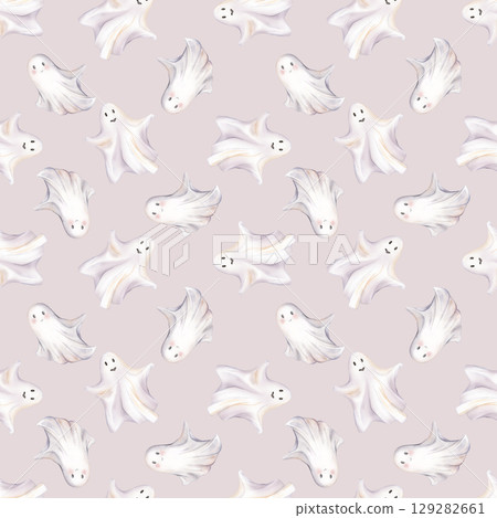 Seamless pattern for Halloween with cute ghosts on an isolated background. Hand drawn watercolor illustration for kids. Perfect for decorations, cards, and crafts. 129282661