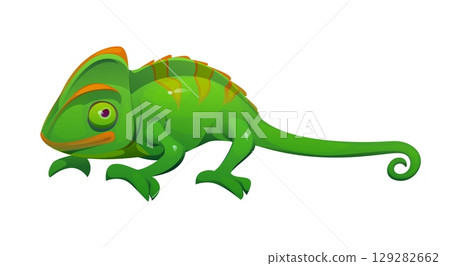 Cartoon Mexican chameleon character, isolated vector lizard with green skin and stripes, long curvy tail and telescopic eyes. Wild animal, pet reptile, exotic tropical creature, wildlife predator 129282662
