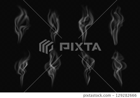 Hot coffee or tea steam. Vector realistic smoke set rising from hot coffee or tea. Transparent white swirls and curls of vapor, heat wave shapes with soft blurred effect isolated on dark background 129282666