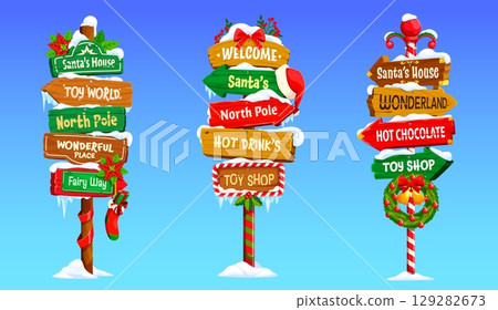 Christmas and Xmas wooden sign board and north pole signage for winter holiday, cartoon vector. Christmas signboard or signpost boards with Welcome to Santa house and gifts shop with Xmas decorations Christmas and Xmas wooden sign board and north pole signage for winter holiday, cartoon vector. Christmas signboard or signpost boards with Welcome to Santa house and gifts shop with Xmas decorations 129282673