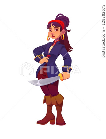 Cartoon pirate woman with saber. Vector female corsair character in navy coat and golden earrings, standing in proud pose. Buccaneer personage ready for ocean voyage, treasure hunt and naval adventure 129282675