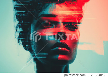 Double exposure with portrait of woman in pink and blue tones. Digital portrait 129283042
