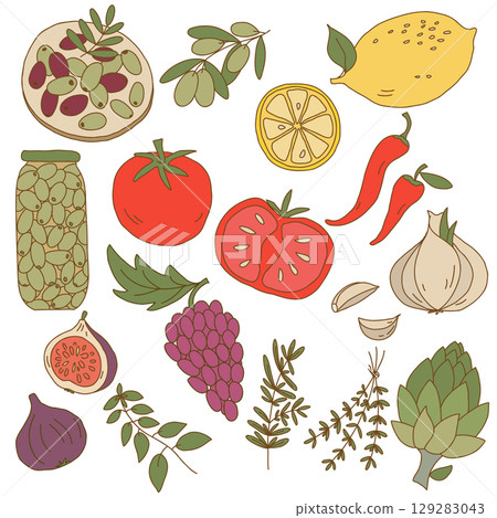 Hand Drawn Mediterranean Fresh Vegetables Fruits and Herbs Illustration Set 129283043