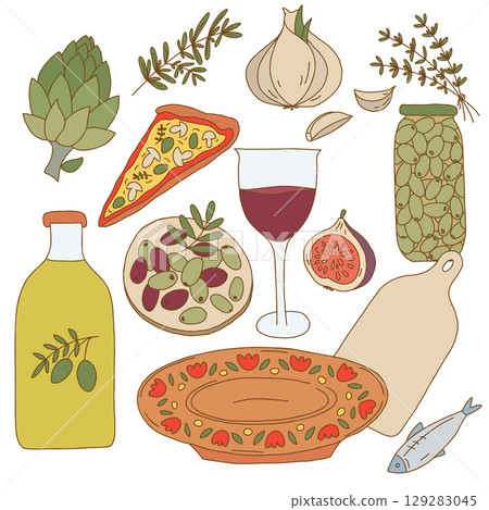 Hand Drawn Mediterranean Vegetables Olives Pizza and Wine Illustration Set 129283045