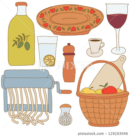 Hand Drawn Mediterranean Kitchenware Drinks and Food Illustration Set Hand Drawn Mediterranean Kitchenware Drinks and Food Illustration Set 129283046