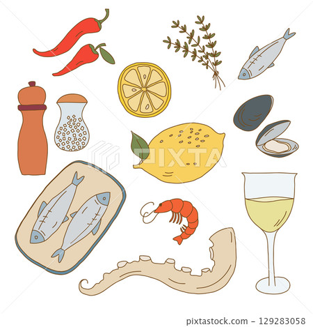 Hand Drawn Mediterranean Seafood and Herbs Illustration Set Hand Drawn Mediterranean Seafood and Herbs Illustration Set 129283058