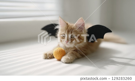 Cute orange kitten with bat wings playing with yarn ball on sunny windowsill Cute orange kitten with bat wings playing with yarn ball on sunny windowsill 129283260