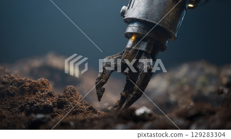 Robotic claw excavating soil: futuristic technology in action 129283304