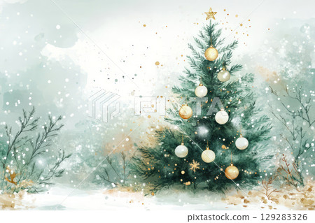 Watercolor Christmas tree with golden toys, glitter, stars,balls 129283326