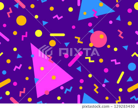 Geometric seamless pattern with memphis elements in 80s style. Colorful pattern with different geometric shapes. Design for packaging, covers, wrapping and promotional products. Vector illustration 129283430