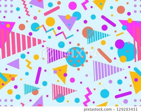 Geometric seamless pattern with memphis elements in 80s style. Colorful pattern with different geometric shapes. Design for packaging, covers, wrapping and promotional products. Vector illustration Geometric seamless pattern with memphis elements in 80s style. Colorful pattern with different geometric shapes. Design for packaging, covers, wrapping and promotional products. Vector illustration 129283431