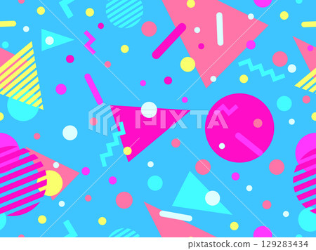 Geometric seamless pattern with memphis elements in 80s style. Colorful pattern with different geometric shapes. Design for packaging, covers, wrapping and promotional products. Vector illustration 129283434
