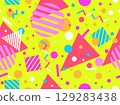 Geometric seamless pattern with memphis elements in 80s style. Colorful pattern with different geometric shapes. Design for packaging, covers, wrapping and promotional products. Vector illustration 129283438
