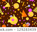 Geometric seamless pattern with memphis elements in 80s style. Colorful pattern with different geometric shapes. Design for packaging, covers, wrapping and promotional products. Vector illustration 129283439