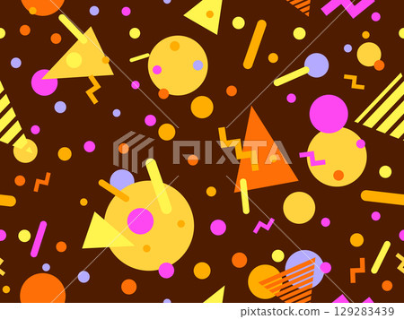 Geometric seamless pattern with memphis elements in 80s style. Colorful pattern with different geometric shapes. Design for packaging, covers, wrapping and promotional products. Vector illustration 129283439