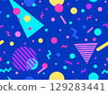 Geometric seamless pattern with memphis elements in 80s style. Colorful pattern with different geometric shapes. Design for packaging, covers, wrapping and promotional products. Vector illustration 129283441