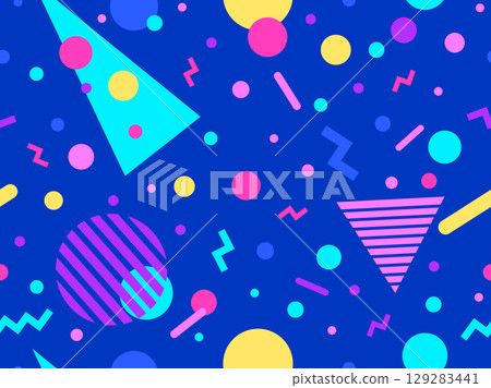 Geometric seamless pattern with memphis elements in 80s style. Colorful pattern with different geometric shapes. Design for packaging, covers, wrapping and promotional products. Vector illustration Geometric seamless pattern with memphis elements in 80s style. Colorful pattern with different geometric shapes. Design for packaging, covers, wrapping and promotional products. Vector illustration 129283441