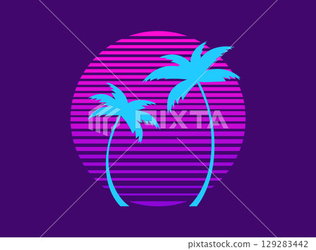 Tropical palm trees at sunset in a futuristic 80s style. Summer time, silhouettes of palm trees in synthwave and retrowave style. Design of advertising booklets and banners. Vector illustration 129283442