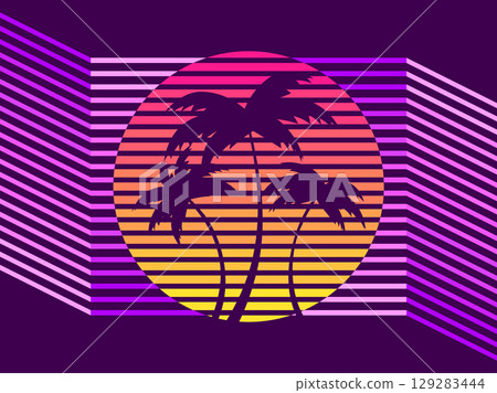 Retro sci-fi 80s palm trees at retro sunset. Futuristic sun with palm trees. A virtual reality. Synthwave and retrowave style. Background for printing, advertising material and banners. Vector Retro sci-fi 80s palm trees at retro sunset. Futuristic sun with palm trees. A virtual reality. Synthwave and retrowave style. Background for printing, advertising material and banners. Vector 129283444