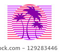Retro sci-fi 80s palm trees at retro sunset. Futuristic sun with palm trees. A virtual reality. Synthwave and retrowave style. Background for printing, advertising material and banners. Vector 129283446