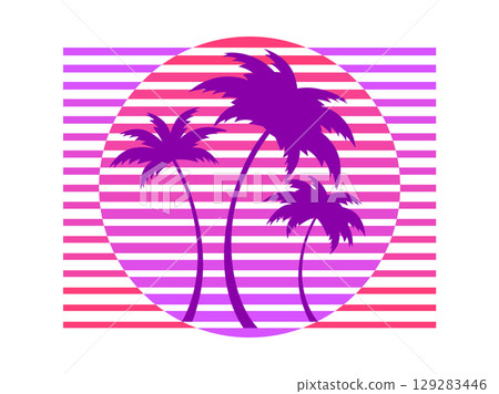 Retro sci-fi 80s palm trees at retro sunset. Futuristic sun with palm trees. A virtual reality. Synthwave and retrowave style. Background for printing, advertising material and banners. Vector 129283446