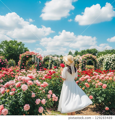 Summer portrait of a smiling woman wearing a straw hat in a rose field Summer portrait of a smiling woman wearing a straw hat in a rose field 129283489