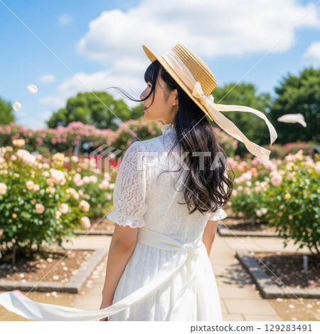 玫瑰田中一位戴著草帽的微笑女子的夏日肖像 玫瑰田中一位戴著草帽的微笑女子的夏日肖像 129283491